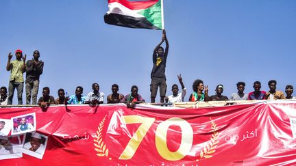 Des manifestants au Soudan portent le drapeau national, à Khartoum, le 13 avril 2019. (AHMED MUSTAFA / AFP)