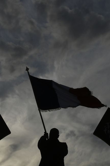 Teddy Riner brandit&nbsp;le drapeau français sur le podium du Tour de France, à Paris, le 24 juillet 2016. (JEFF PACHOUD / AFP)