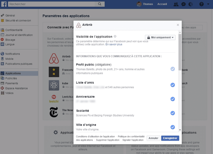 Voici la liste des informations que je partage avec Air Bnb. (FACEBOOK.COM)