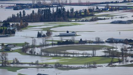 Une zone de prairies inondées à proximité de la ville d'Abbotsford, en Colombie-Britannique (Canada), mercredi 17 novembre 2021.&nbsp; (DON MACKINNON / AFP)