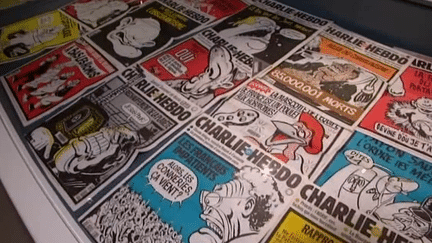 Les unes de Charlie Hebdo au musée de la BD d'Angoulême
 (Capture d&#039;image France3/Culturebox)