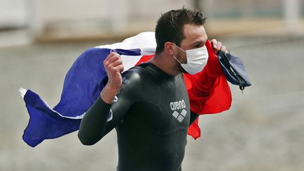 Axel Reymond a remporté le titre continental&nbsp;sur 25 km aux championnats d'Europe de natation de Budapest le 16 mai 2021. (FERENC ISZA / AFP)