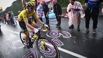 Le maillot jaune Tadej Pogacar lors de la 9e étape entre Cluses et Tignes, dimanche 9 juillet 2021. (PETE GODING / BELGA MAG / AFP)