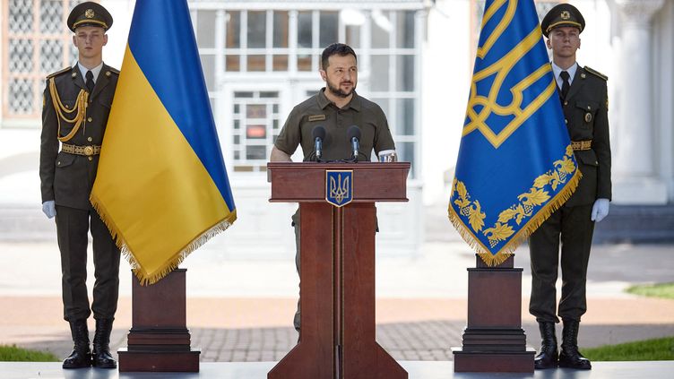 Während einer Pressekonferenz in Kiew am 2. Juni 2022, der ukrainische Präsident Wolodymyr Zhelensky