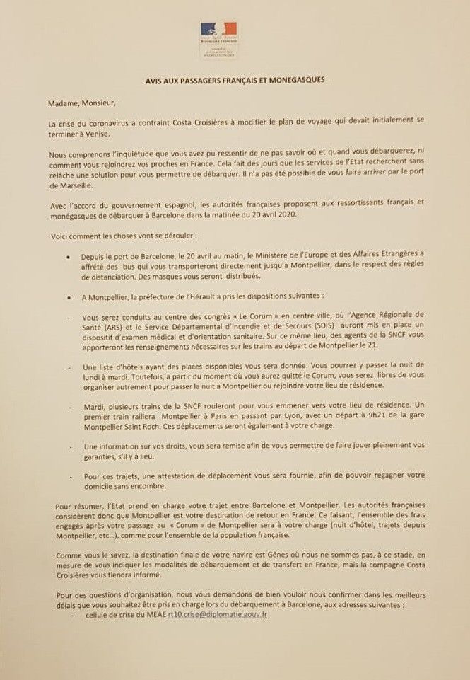 Le courrier envoyé par le ministère des Affaires étrangères aux passagers français du Costa Deliziosa. (DR)