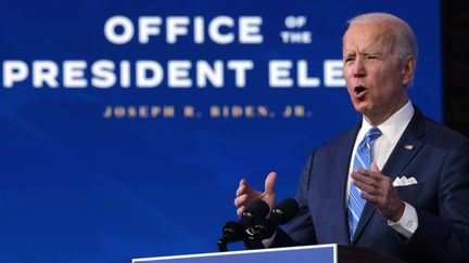 Le président américain élu Joe Biden, jeudi 14 janvier 2021 depuis son fief de Wilmington (Delaware). (ALEX WONG / GETTY IMAGES NORTH AMERICA / AFP)