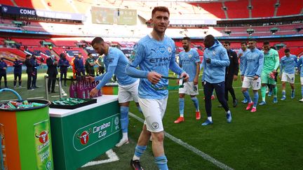 Le défenseur Aymeric Laporte après la victoire de Manchester City en finale de la Coupe de la ligue anglaise contre Tottenham, à Wembley, le 25 avril 2021. (CARL RECINE / POOL)