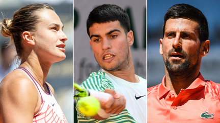 De gauche à droite, Aryna Sabalenka, Carlos Alcaraz et Novak Djokovic, parmi les têtes d'affiche du dimanche 4 juin 2023 à Roland-Garros (AFP / MaxPPP / AFP)