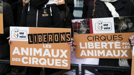 Rassemblement de l'association One Voice&nbsp;pour exiger des cirques sans animaux&nbsp;à Paris, le 2 décembre 2017 (illustration). (VINCENT ISORE / MAXPPP)