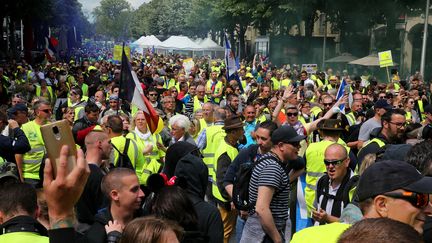 Une manifestation de "gilets jaunes" à Reims, samedi 18 mai 2019.&nbsp; (FRANCOIS NASCIMBENI / AFP)