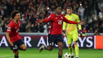 Jonathan David after his converted penalty with Lille against Real Madrid in the Champions League, October 2, 2024, at the Pierre-Mauroy stadium. (FRANCK FIFE / AFP)