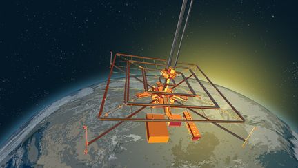 Dans quelques semaines des panneaux capteront des rayons solaires et un réseau d’émetteurs et de récepteurs de micro-ondes testera la transmission d’énergie jusqu’à la surface terrestre. (Illustration) (CALTECH / SPACE SOLAR POWER PROJECT)