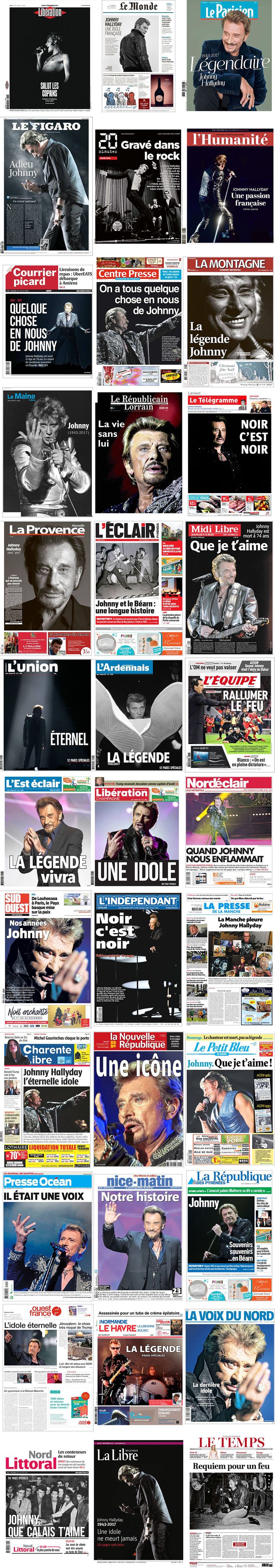 Montage de 36 unes de la presse datée du 7 décembre 2017, après la mort de Johnny Hallyday. (FRANCEINFO)