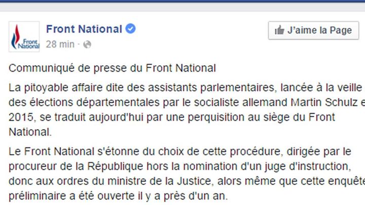 &nbsp; (Le communiqué du Front national suite à la perquisition de son siège © capture d'écran compte Facebook)