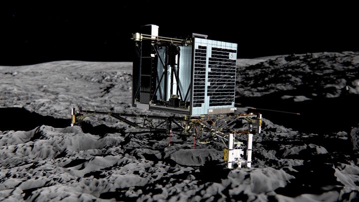 Une repr&eacute;sentation du robot Philae &agrave; la surface de la com&egrave;te "Tchouri". (MEDIALIAB / ESA / AFP)