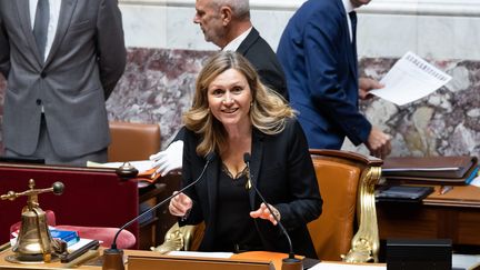 La présidente de l'Assemblée nationale, Yaël Braun Pivet, lors des questions au gouvernement, le 26 septembre 2023. (ALEXIS SCIARD / MAXPPP)