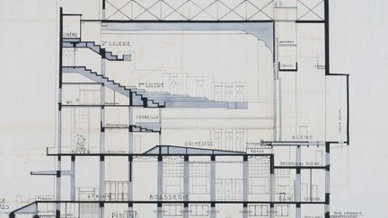 En 1927 Lazare Goujon soumet un plan des dispositions du futur palais du travail.
 (Archives Municipales de Villeurbanne)