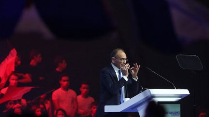 Eric Zemmour lors de son premier meeting de campagne à Villepinte (Seine-Saint-Denis), le dimanche 5 décembre 2021. (STEFANO RELLANDINI / AFP)