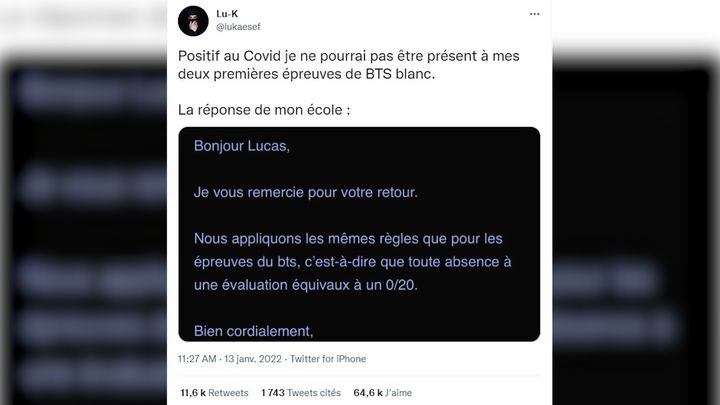 Le mail de l'école de Lucas lui indiquant qu'il aurait 0/20 en cas d'absence à son examen blanc malgré son test positif au Covid-19 (CAPTURE ECRAN TWITTER)