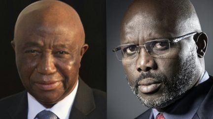  Joseph Boakai ( à droite) et George Weah, les candidats au second tour de la présidentielle au Liberia qui se déroule le 26 septembre 2017.  (JOEL SAGET, BRENDAN SMIALOWSKI / AFP)