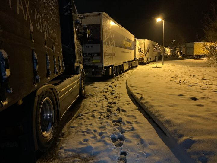 Des camions&nbsp;stockés sur l'aire de Carmoran à Plestan (Côtes-d'Armor) mercredi 10 février 2021. (ALEXANDRE ABERGEL / RADIO FRANCE)