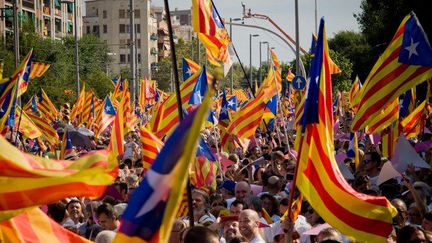 Forêt de drapeaux indépendantistes catalans le 11 septembre 2015, jour de la fête «nationale» en Catalogne. (JORDI BOIXAREU / NURPHOTO)