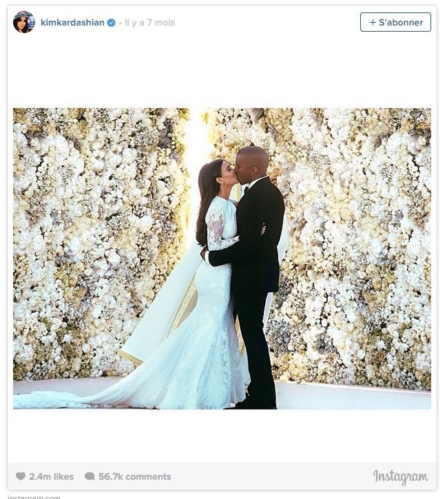 Capture d'&eacute;cran de la photo de mariage de Kim Kardashian, qui a r&eacute;colt&eacute; 2,4 millions de likes sur Instagram, un record dans l'histoire du r&eacute;seau social. (KIM KARDASHIAN / INSTAGRAM)