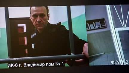 A screenshot of Alexeï Navalny attending a hearing before an appeals court, in Moscow, September 26, 2023. (TATYANA MAKEYEVA / AFP)