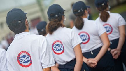 Cérémonie d'ouverture du séjour de cohésion du Service national universel (SNU) à Coulaures (Dordogne), le 21 juin 2021. (ROMAIN LONGIERAS / HANS LUCAS / AFP)