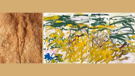 A gauche, La vénus de l’Abri Pataud, aux Eyzies-de-Tayac (Dordogne), découverte en 1958 (-21 000 ans) - A droite, Joan Mitchell, "No Birds", 1987-1988, Collection particulière (A gauche © MNHN - J.-C. DOMENECH - A droite © THE ESTATE OF JOAN MITCHELL)