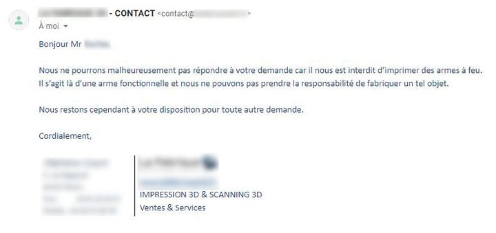 E-mail envoyé par un imprimeur 3D en réponse d'une demande d'impression de pièces du Liberator, une arme imprimée en 3D. (FRANCEINFO)