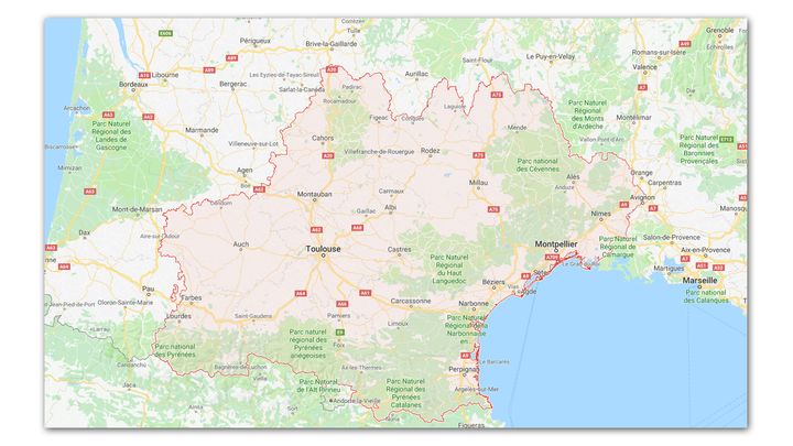 L'Occitanie est la deuxième plus grande région de France métropolitaine. (GOOGLE MAPS)