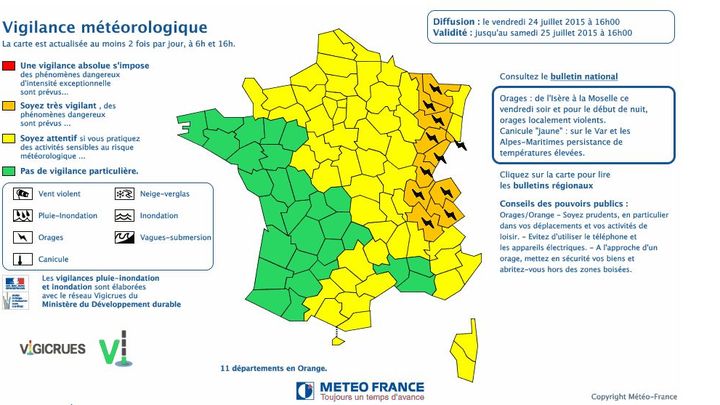 Capture d'&eacute;cran de la carte de M&eacute;t&eacute;o France, le 24 juillet 2015. ( METEO FRANCE)