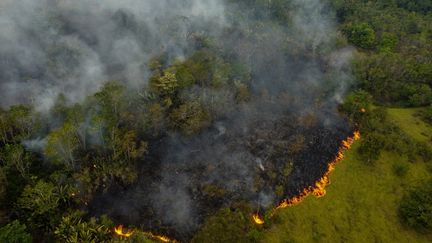 Smoke from illegal fires lit by farmers rises in Manaquiri, Amazonas state, on September 6, 2023. (MICHAEL DANTAS / AFP)