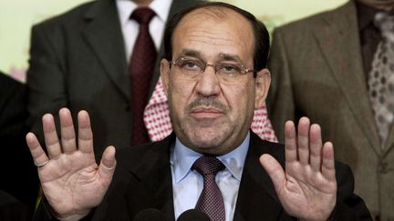 L'ancien Premier ministre irakien, Nouri Al-Maliki, lors d'une conf&eacute;rence de presse &agrave; Bagdad, le 26 mars 2010. (HADI MIZBAN / AP / SIPA)