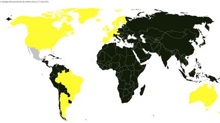 26&nbsp;pays ont légalisé le mariage homosexuel dans le monde (ici en jaune). (CHADI ROMANOS/ RADIOFRANCE)