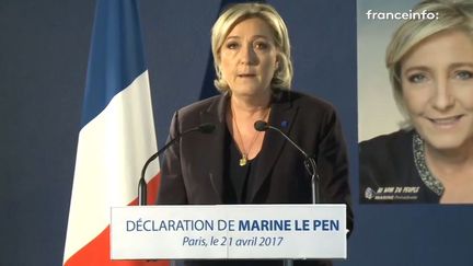 Marine Le Pen, dans son QG de campagne, le 21 avril 2017. (FRANCEINFO)