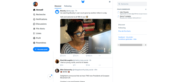 Un exemple de l'interface du réseau social Bluesky, un des concurrents de X (anciennement Twitter). (BLUESKY)