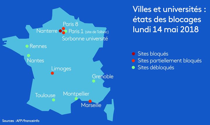 &nbsp;Villes et université où les blocages ont été débloqués en date du lundi 14 mai 2018
 (RADIO FRANCE / FRANCEINFO /STEPHANIE BERLU)