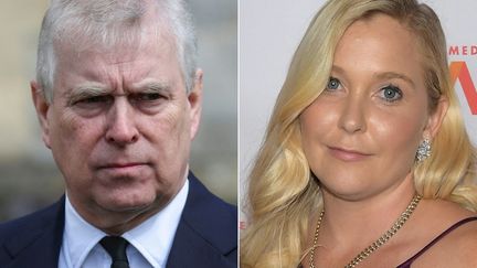 Le prince Andrew, le 11 avril 2021 à Windsor (Royaume-Uni) et Virginia Giuffre, le 22 octobre 2019 à New York (Etats-Unis). (STEVE PARSONS / GETTY IMAGES NORTH AMERICA / AFP)