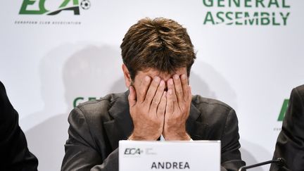 Andrea Agnelli, président de la Juventus Turin, lors d'une conférence de presse de l'Association des Clubs Européens, le 10 septembre 2019 (FABRICE COFFRINI / AFP)