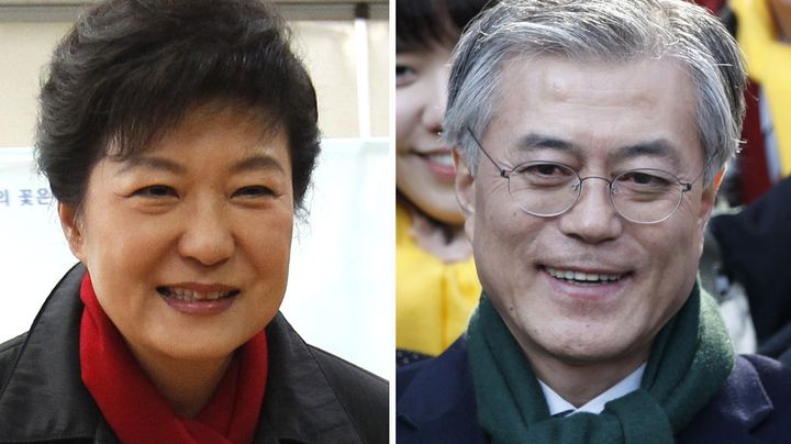 Les deux candidats &agrave; la pr&eacute;sidentielle sud-cor&eacute;enne :&nbsp;Park Geun-hye (&agrave; g.) et&nbsp;Moon Jae-in. (KIM HONG-JI / REUTERS)