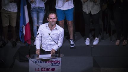 Benoît Hamon prononce un discours à La Plaine-Saint-Denis (Seine-Saint-Denis), le 28 août 2016.&nbsp; (LIONEL BONAVENTURE / AFP)