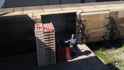 Un employé charge des cagettes de légumes dans un train en direction du marché de Rungis, en gare de Perpignan (Pyrénées-Orientales), le 14 mai 2019. (RAYMOND ROIG / AFP)