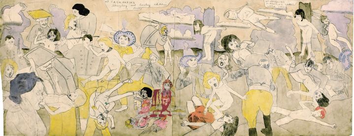 Henry Darger, "A Calmanrina enfants étranglés et battus à mort. A Cedernine petites filles nues assassinées"
 (Eric Emo / Musée d&#039;Art Moderne / Roger-Viollet © 2015 Kiyoko Lerner / ADAGP, Paris)