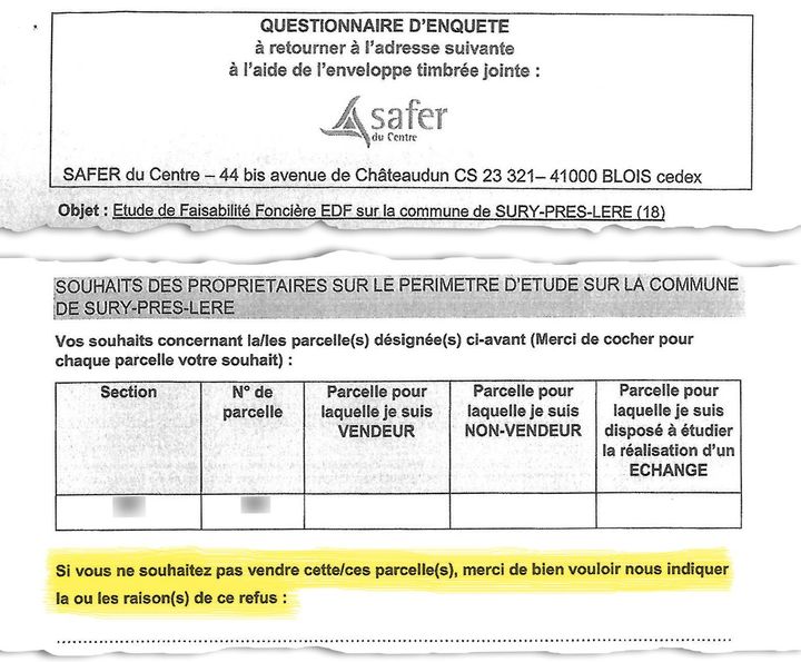 Extraits du questionnaire d’enquête de la Safer, envoyé aux habitants de la commune de Sury-Près-Léré. (CELLULE INVESTIGATION DE RADIOFRANCE)