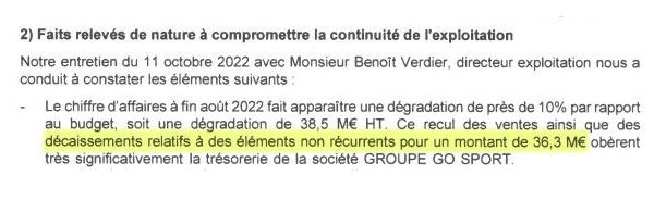 Extrait du rapport spécial d’alerte des commissaires aux comptes de Go Sport, novembre 2022. (Aucun)