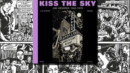 La couverture du premier tome de la BD "Kiss the Sky - Jimi Hendrix 1942-1970" parue chez Glénat en octobre 2022, sur une planche extraite du même ouvrage. (GLENAT - MEZZO - J.M. DUPONT)