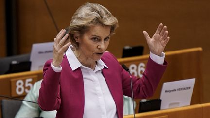 La présidente de la Commission européenne, Ursula von der Leyen, au Parlement européen à Bruxelles (Belgique), le 27 mai 2020. (KENZO TRIBOUILLARD / AFP)