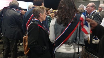 Au Congrès des maires de France, mardi 19 novembre, les élus ont recouvert leurs écharpes d'un ruban noir pour montrer leurs craintes face aux nouvelles coupes budgétaires annoncées. (AUDREY TISON / FRANCEINFO / RADIO FRANCE)